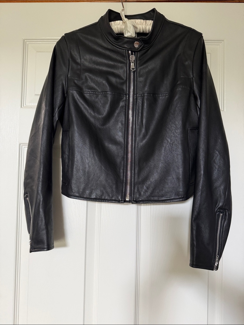 SPANX Stretchy Faux Black Leather Zip-Front Women's Moto Jacket